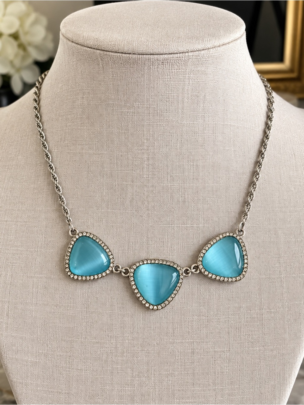 Aqua Blue Cat Eye Rhinestone Statement Necklace Silver Tone